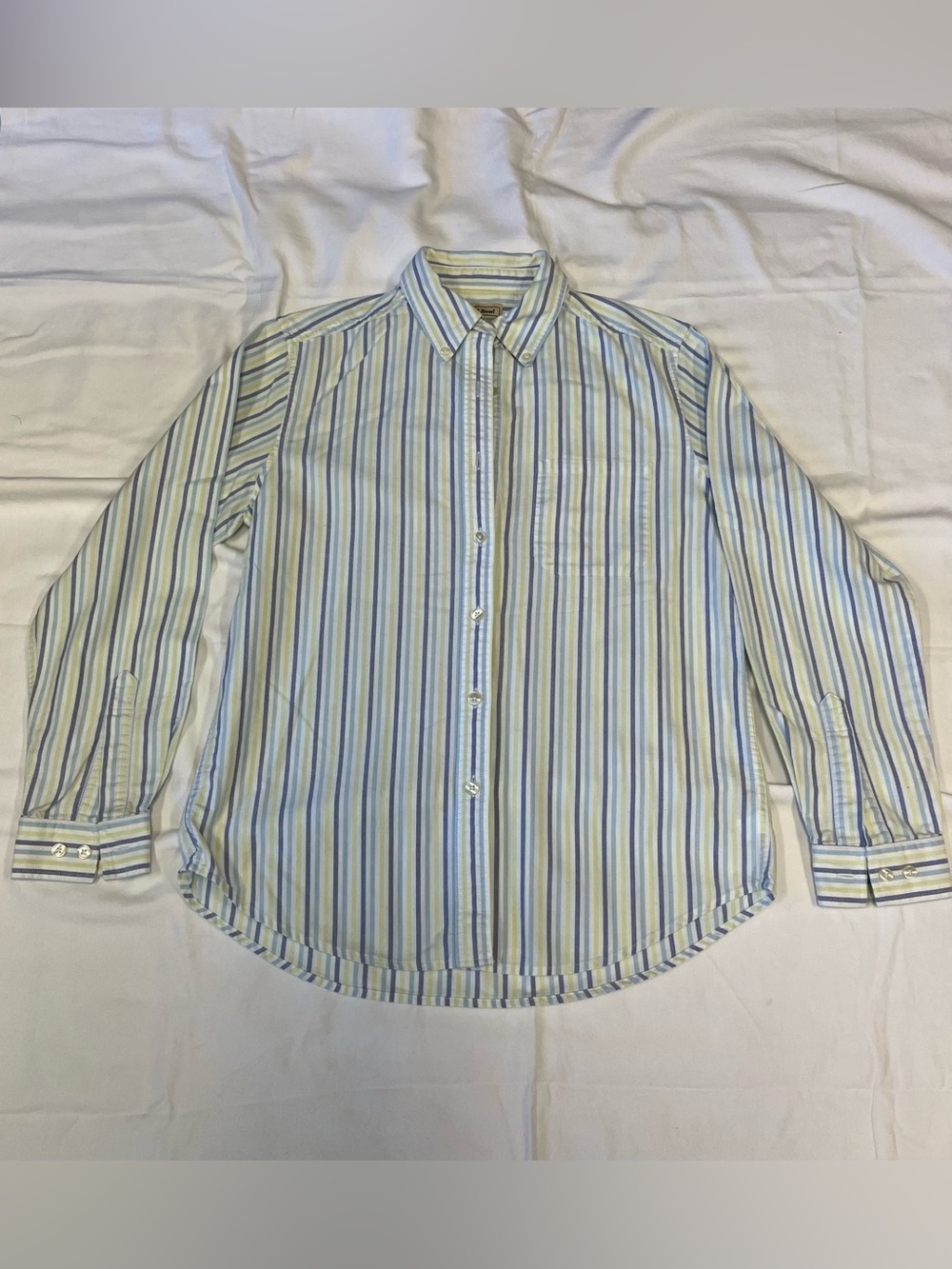 L.L. Bean Multi-Stripe 100% Cotton Button-Down Shirt in White, Blue, & Green
